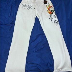 Ed Hardy Cream Pants with Skull and Flame Design